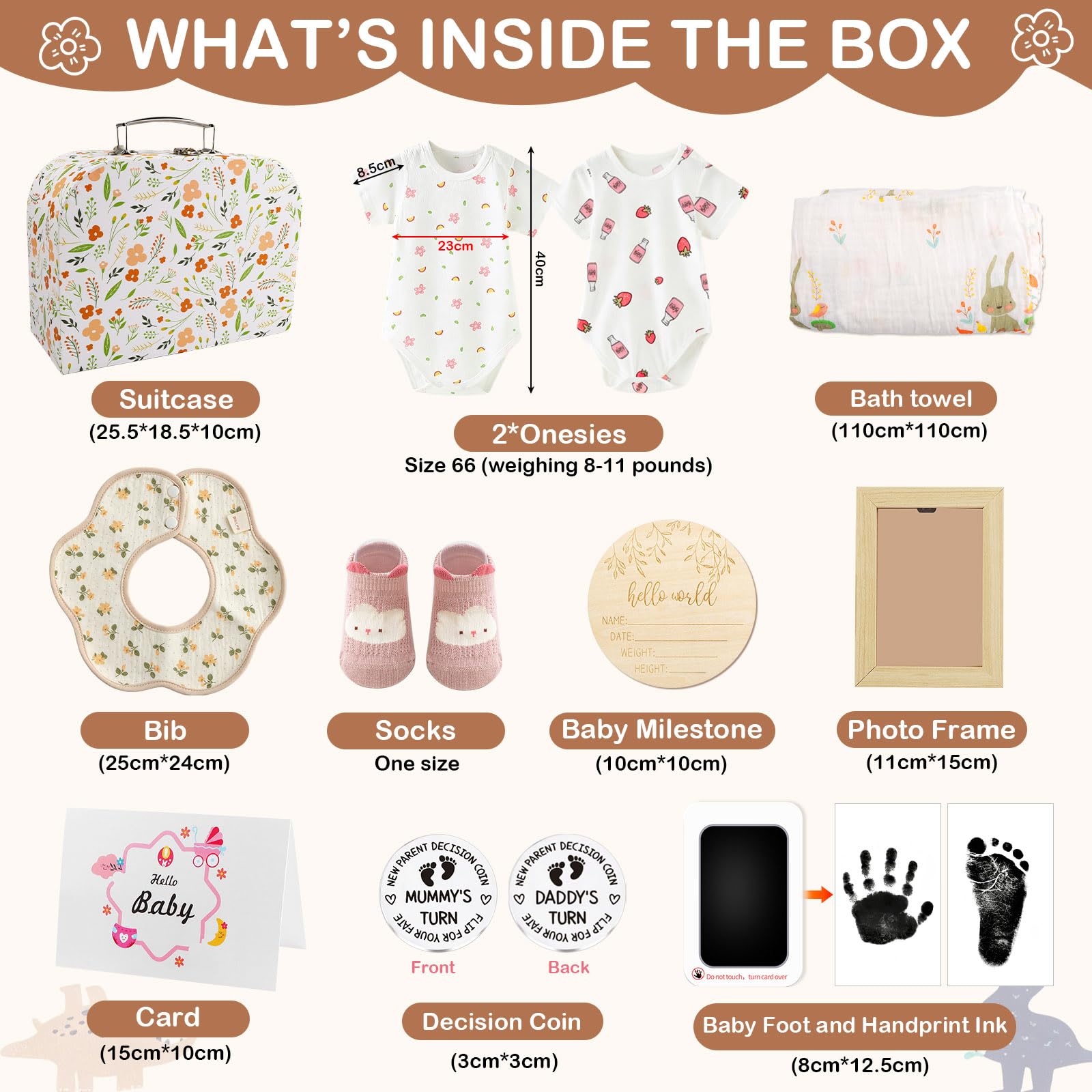 Cadeau Coffret Naissance Fille Garcon 11Pcs Coffret Cadeau Baby Shower Mixte avec Body Bavoirs Chaussettes Serviette Pièce Décision Cartes de Jalons Cadre Photo Cadeaux Nouveaux Parents Bébé