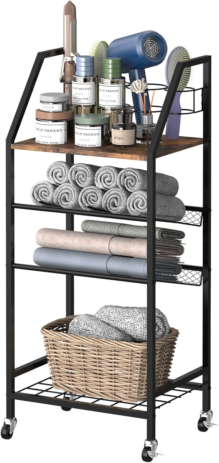 4 Tier Towel Rack for Bathroom, Towel Storage Shelf Organizer with Wheels,Floor Towels Holder Stand with Hair Tool Organizer Shelf Rustic Brown