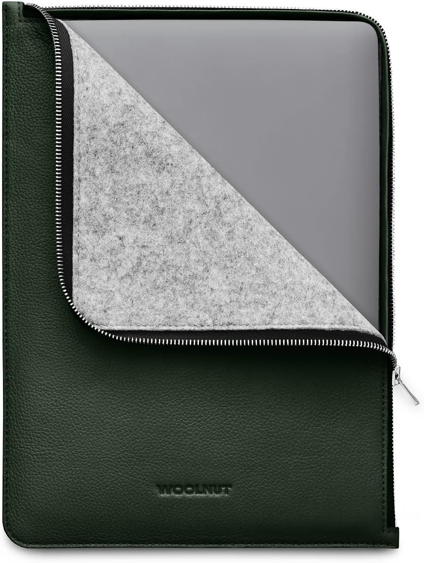 WOOLNUT Leather & Wool Folio Zipper Sleeve Case Cover, for Dell XPS 15 2020 (9500) and MacBook Pro 15 inch - Green (WNUT-MBP15-F-393-GN)