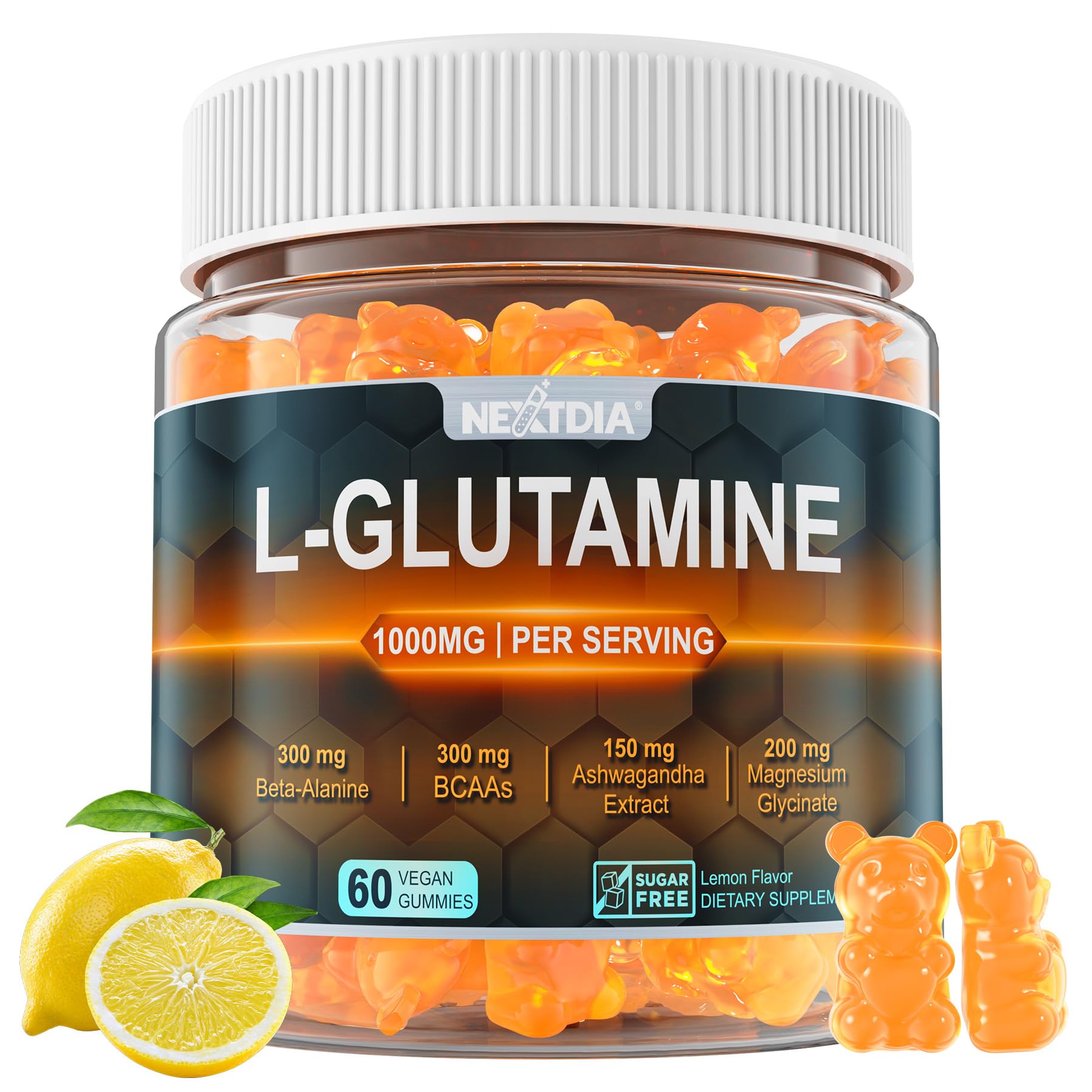 L-Glutamine 1000mg Gummies για γυναίκες & άνδρες με Βήτα-Αλανίνη, BCAAs, Μαγνήσιο Γλυκινικό, Κάλιο & Ashwagandha 