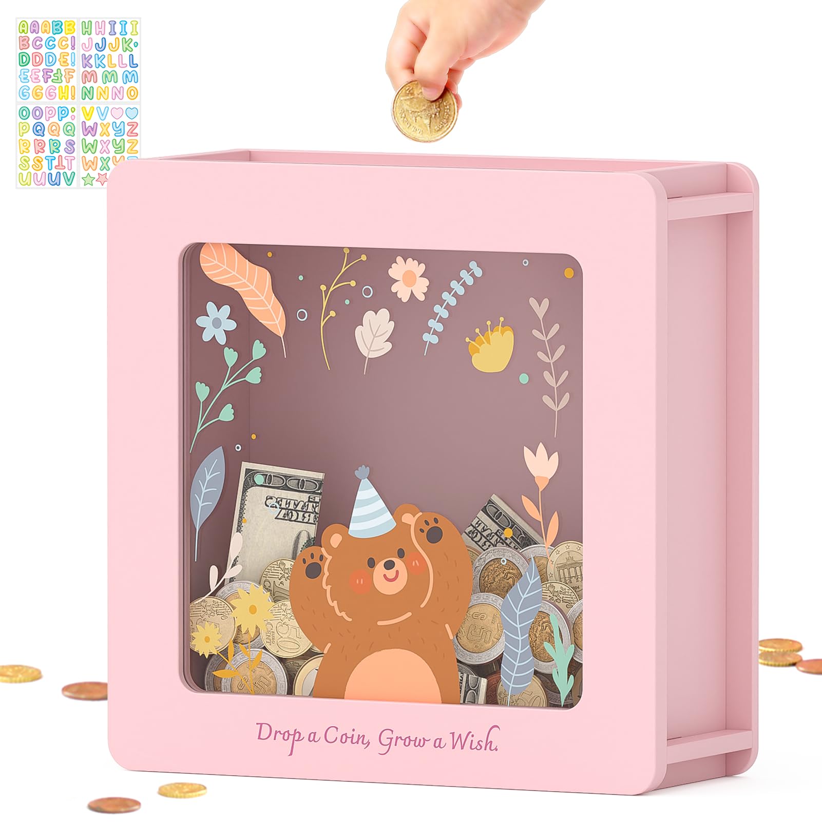 Summidate Kids Piggy Bank, Wooden Framed Money Bank with Removable Window
