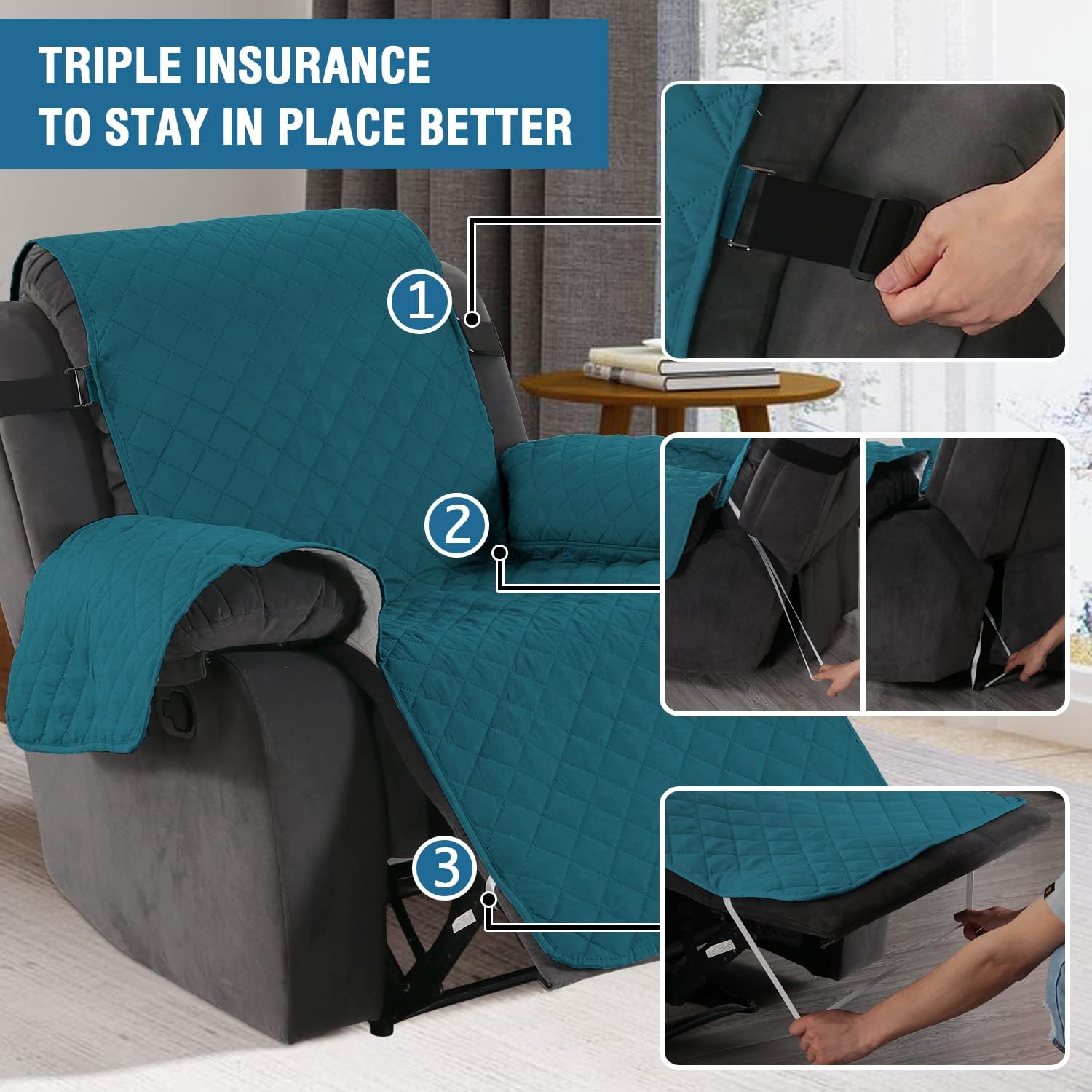 H.VERSAILTEX Reversible Quilted Recliner Covers Recliner Chair Cover Water Resistant Furniture Protector Washable Couch Cover with Elastic Straps for Kids, Pets (Recliner, Dark Teal/Beige)