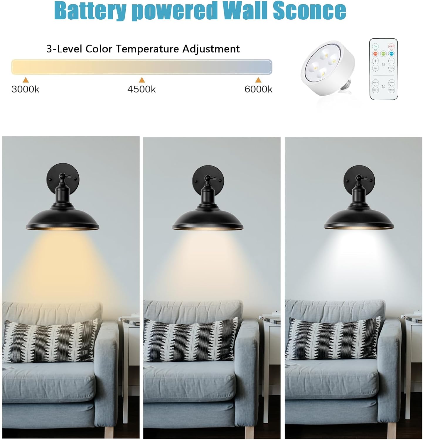 battery operated wall sconces 9.5", Black Wireless Industrial Battery Powered LED wall sconces set of two, Indoor Adjustable wall sconce Fixture with Remote Control for Bedroom Hallway Living Room