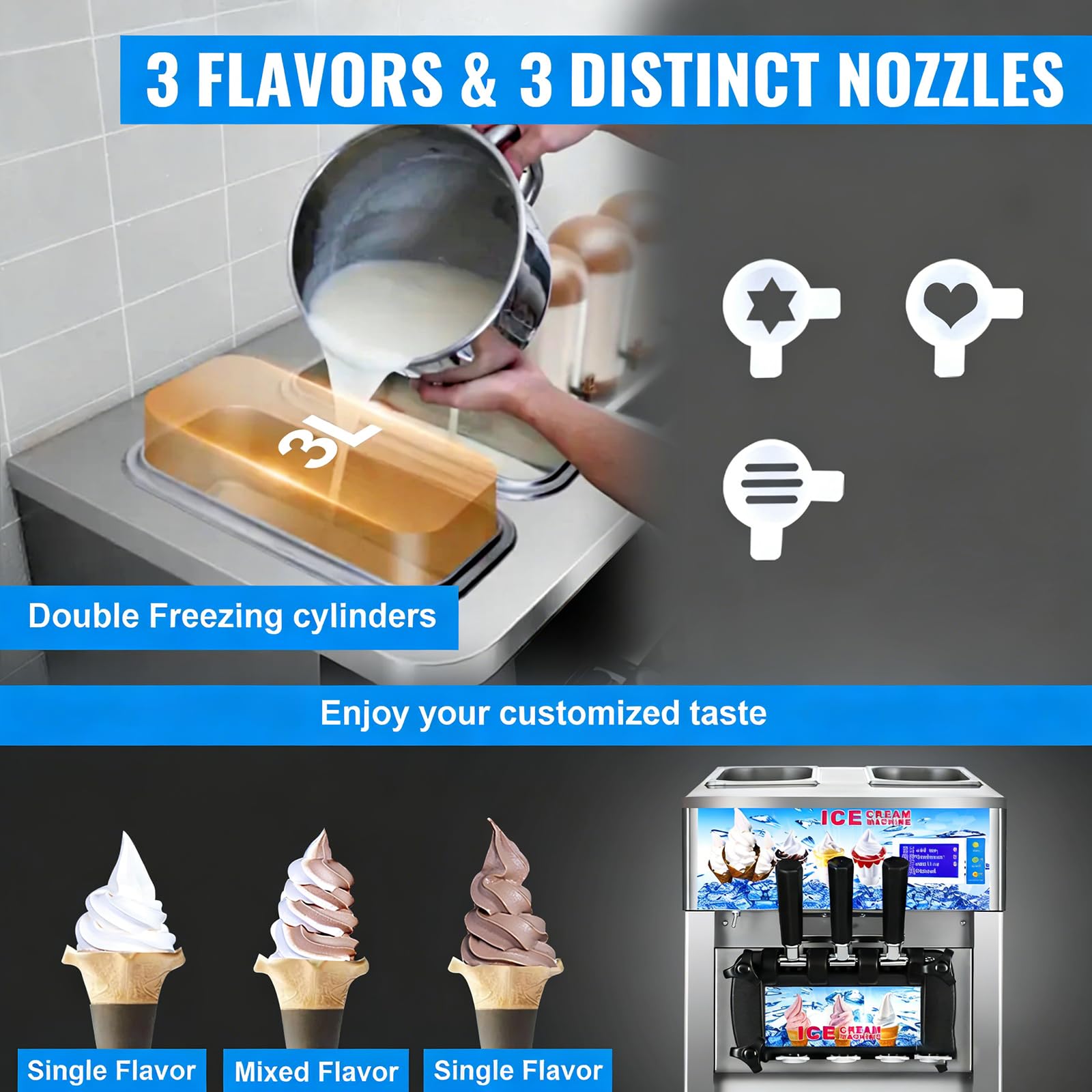 1200W Macchina per Gelato Commerciale 18L/5Gal Professionale Soft Ice Cream Maker a 3 Gusti Macchina per Gelato Funzione di pre-raffreddamento Macchine per Yogurt Gelati per Snack Bar Ristorante