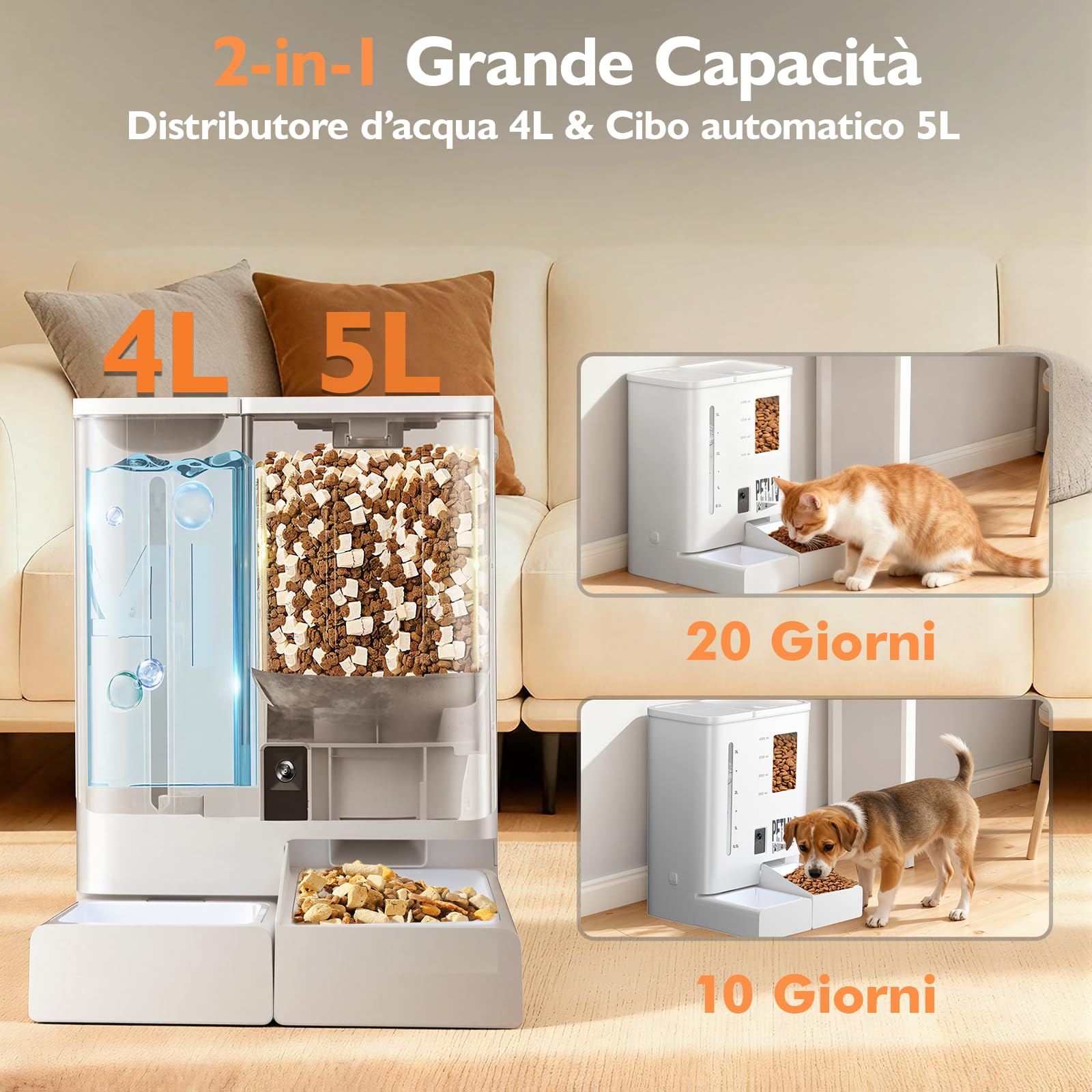 PETLIV Distributore Automatico Cibo Gatti con 2K Telecamera,5L Cibo e 4L Acqua Automati Gatti con 2.4G/5G WIFI,Controllo APP,con Visione Notturna,con Audio Bidirezionale