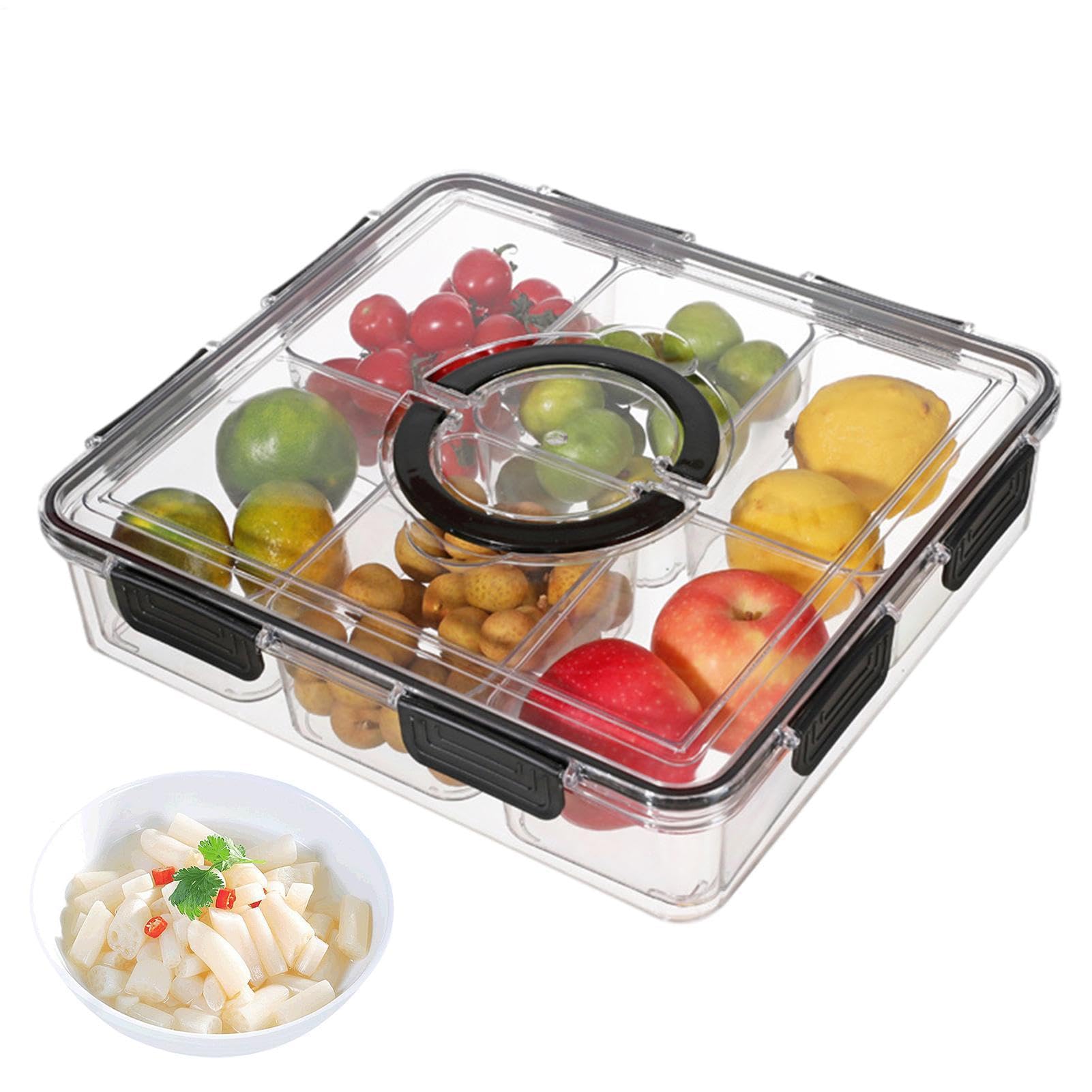 di frutta – Contenitore per salumi da 33,8 x 31,5 x 8 cm, vassoio diviso | conservazione ermetica, portatile, grande per aperitivi, organizer quadrato trasparente con 6 scomparti
