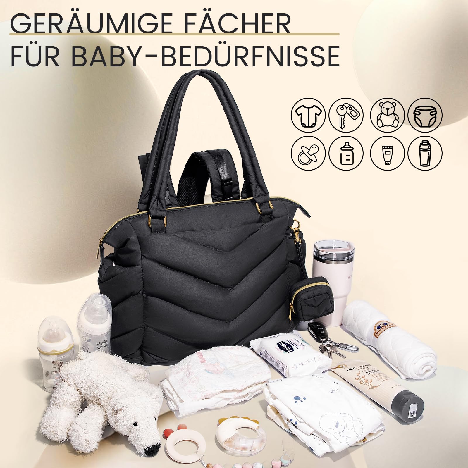 MISS FONG Baby Wickeltasche Wickelrucksack Rucksack Groß, Wickeltasche Kinderwagen Puffer Rucksack Organizer mit Wickelunterlage Schnullertasche mit 10 Taschen für Mama für Unterwegs,Schwarz