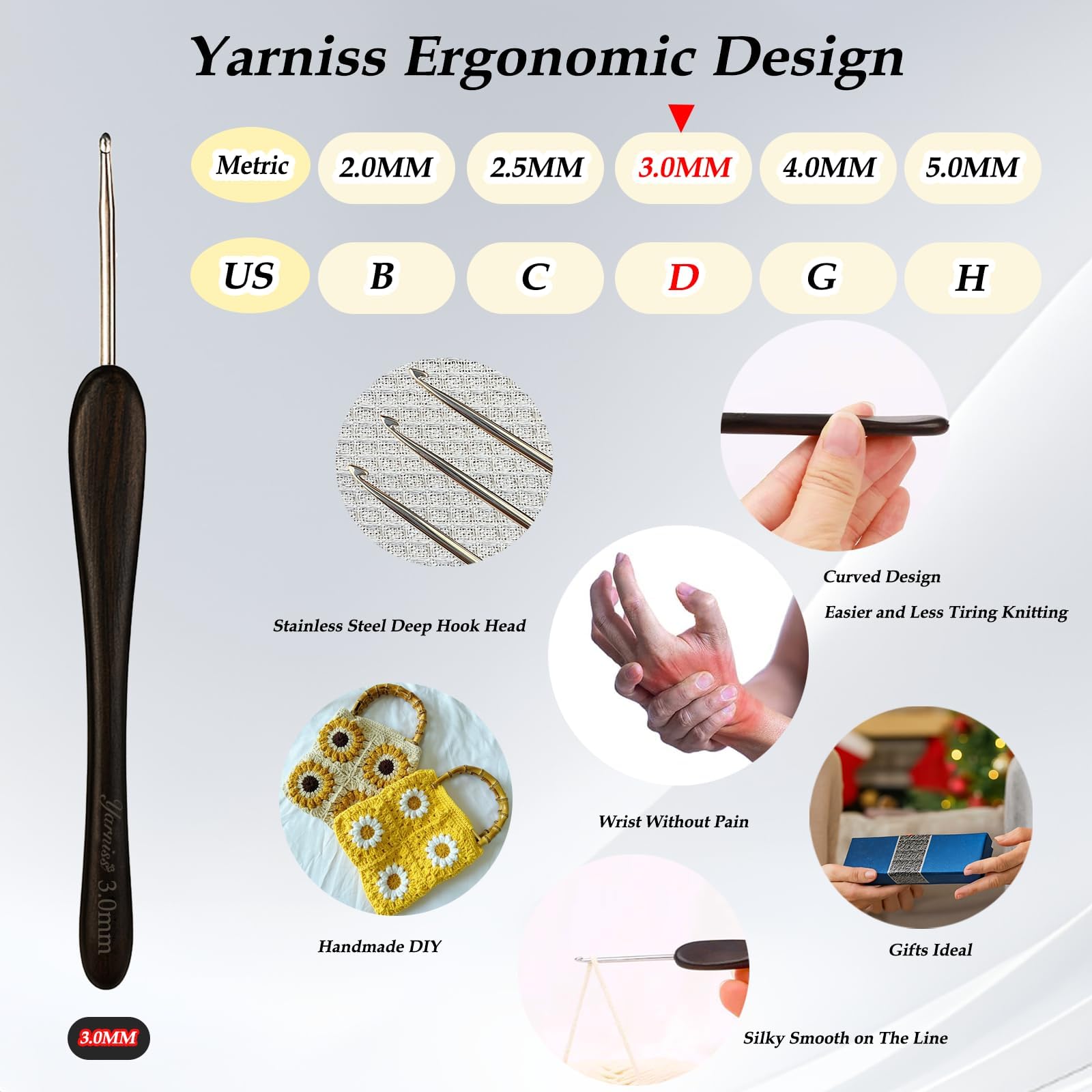 Yarniss Ergonomiczny haczyk 3 mm, ręcznie polerowany, odpowiedni dla początkujących i doświadczonych hobbystów