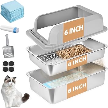 Stainless Steel Litter Box, XXL Sifting Litter Box for Pine Pellets, High Sides Metal Litter Box System for Big Cats with Plastic Scoop &10 Urine Pads 8 Inch