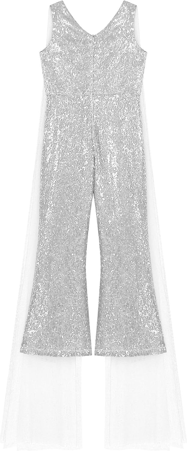 ranrann Girls Sparkly Sequin Jumpsuit Outfits Pageant Romper Tulle V Neck Prom Party Mesh Overlay Long Pants