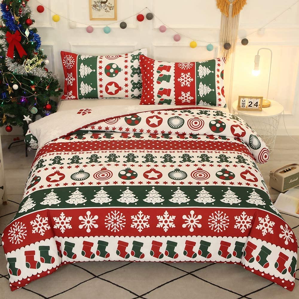 Fan Merry Christmas Duvet Cover Set Queen Red White Green Snowflake Christmas Tree Duvet Cover Bedding Sets for Christmas New Year Holiday,Microfiber Quilt Cover and 2 Pillowcases for Kids Boys Girls