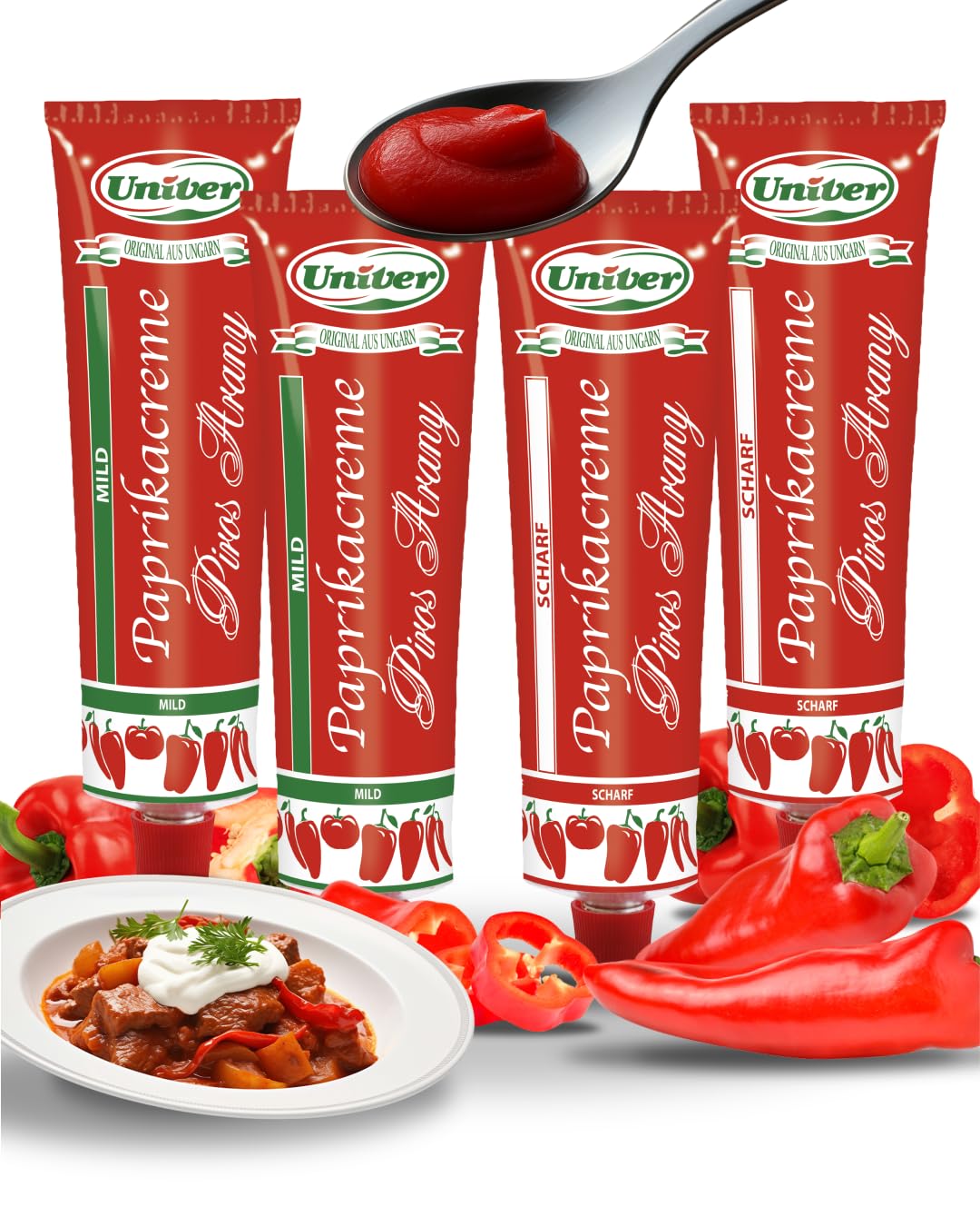 Univer Original 4x Piros Arany scharf & mild Paprikacreme SPARSET - 4x160g Paprikamark - Ungarische Spezialität direkt vom Hersteller - Paprikapasta Rotes Gold