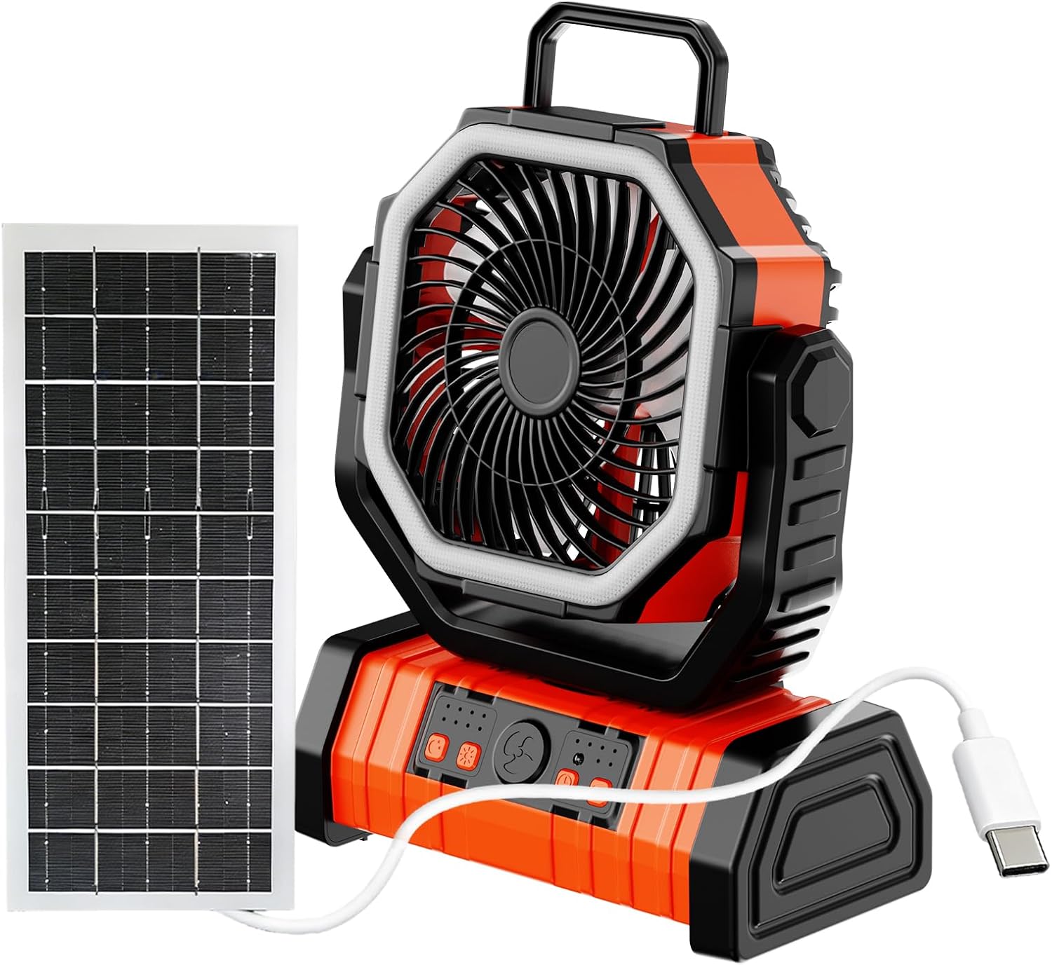 12W Solar Panel + 20000mAh Camping Fan Combo - LED Emergency Light, Fast Cooling & Ultra-Portable for Camping, Pet Houses & Kitchen