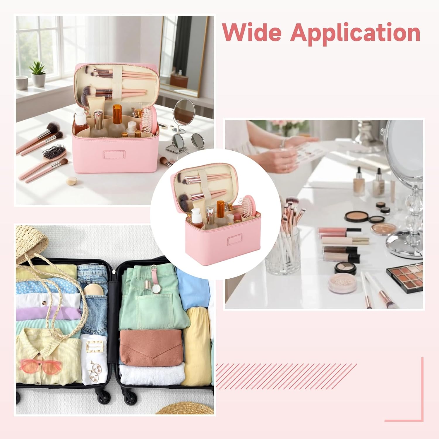 Makeup Vanity Bag for Women - Large Capacity Cosmetic Organizer with Removable Liner, Waterproof PU Leather Skincare Bag, Portable Chic Cosmetic Make Up Case for Skincare, Accessories,StyleB, Pink
