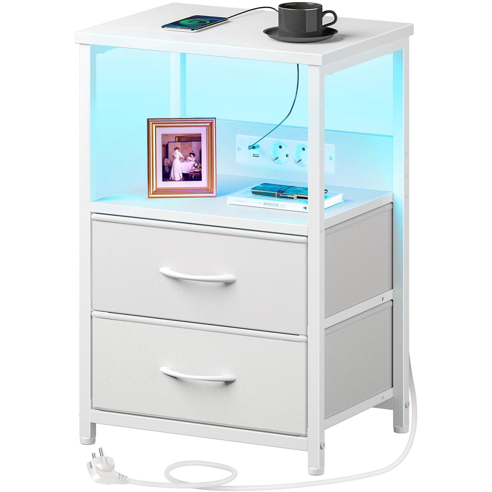 Rolanstar Table de Chevet Moderne avec LED, Prise et USB, 2 Tiroirs de Rangement, Table de Nuit Idéale pour Chambre, Salon ou Bureau – Blanc, 1 Pièce