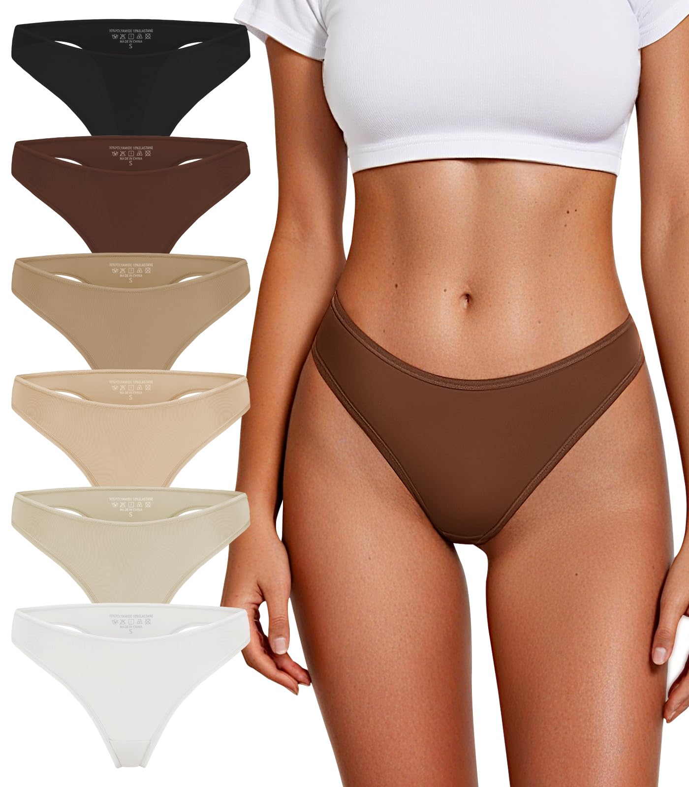 DHFBABY Thongs for Women Breathable Seamless Stretch Underwear Soft Low Waist Ladies T-back Panties 6 Pack