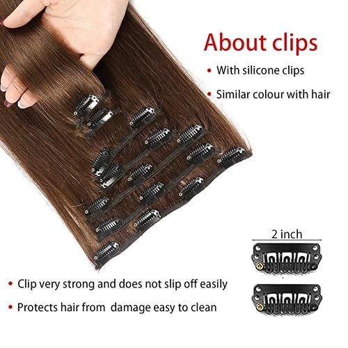 Miniatura 4 de Extensiones de cabello humano real con pinzas, 16 pulgadas, 7 unidades, 4.33 onzas, extensiones de cabello humano Remy brasileño Remy con doble