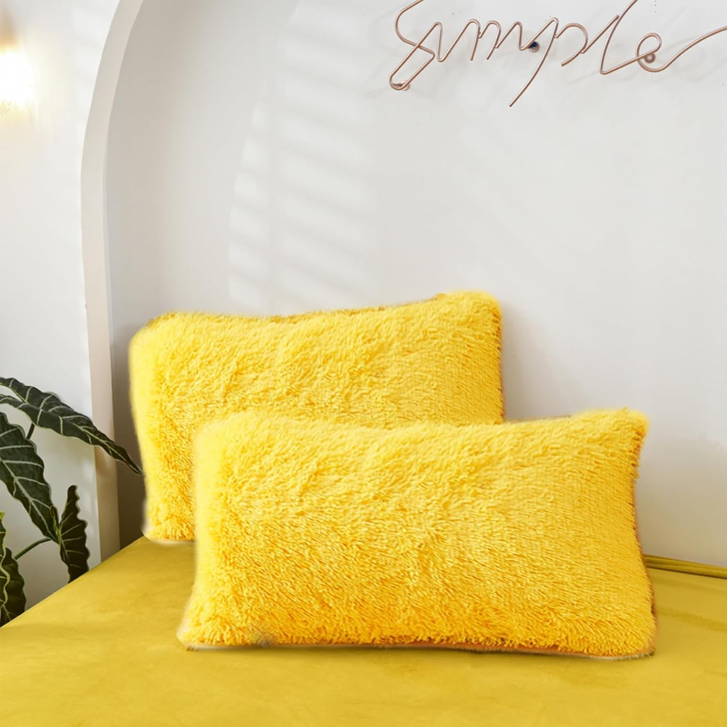 MorroMorn Decorative Pillows Covers, 2 Packs Faux Fur Pillow Cases, Luxury Shaggy Throw Pillowcase Cushion Shams with Zipper Room Decor for Couch Sofa Bed (Mustard Yellow, King/California King)