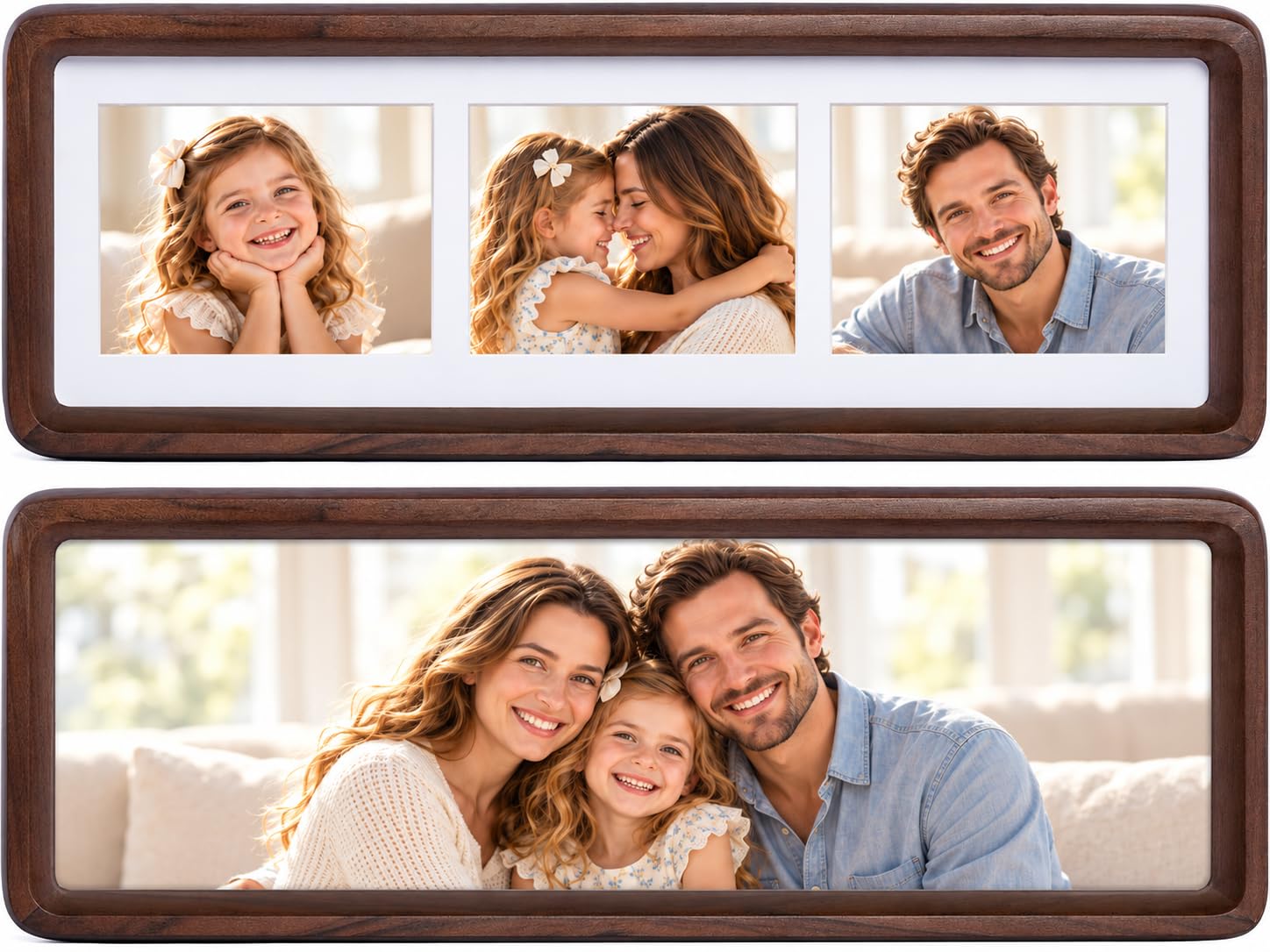 4x12 Collage Picture Frame for Three-2.4x3.2 Photos, Solid Wood Frame | HD Tempered Glass, Natural Wooden Frame, Mortise & Tenon Joint, Handcrafted, Horizontal&Verticval for Wall or Tabletop