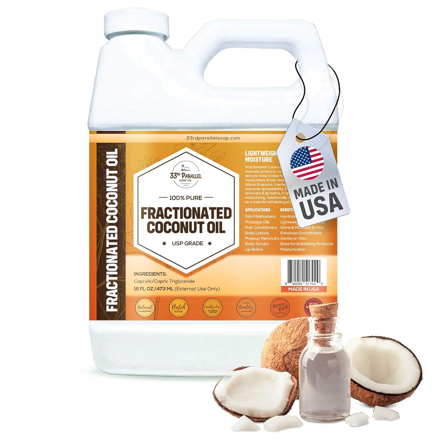 Organic Fractionated Coconut Oil (16 oz) USP Grade Non-GMO; Cold Pressed | 100% Pure Fractionated Coconut Oil for Skin, Face, Hair, Soap Making | Ideal Carrier for Essential Oils | 16 FL OZ