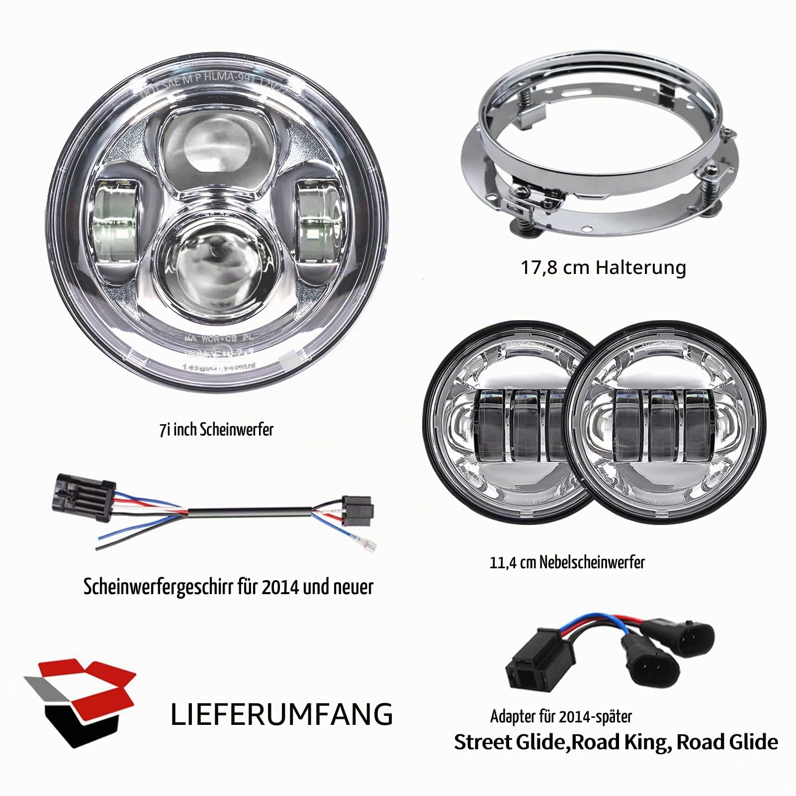 17,8 cm Motorrad-LED-Scheinwerfer, 11,4 cm, Nebelscheinwerfer, DOT, SAE-geprüft, Davidson, Fat Boy, Street Glide, Heritage, Softail Road King, Switchback, Electra Glide, Ultra Classic, Chrom