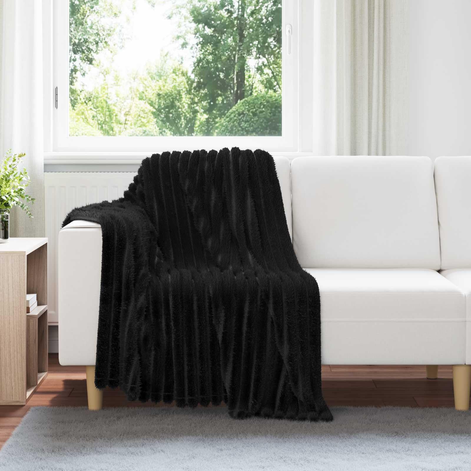Plaid chaud pour salon et lit couverture polaire jeté noir toison douce 150x130