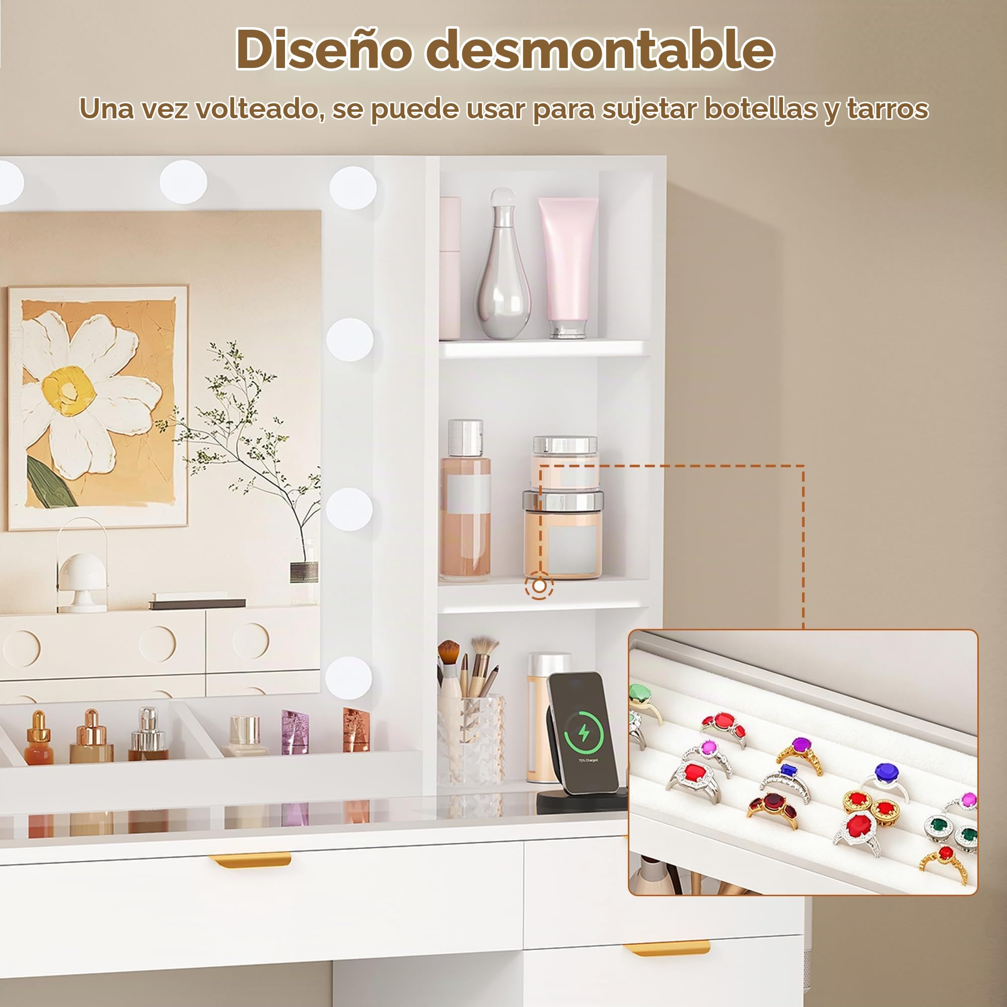 Grande Tocador de Maquillaje con Luz LED y Espejo,Vidrio,Enchufes