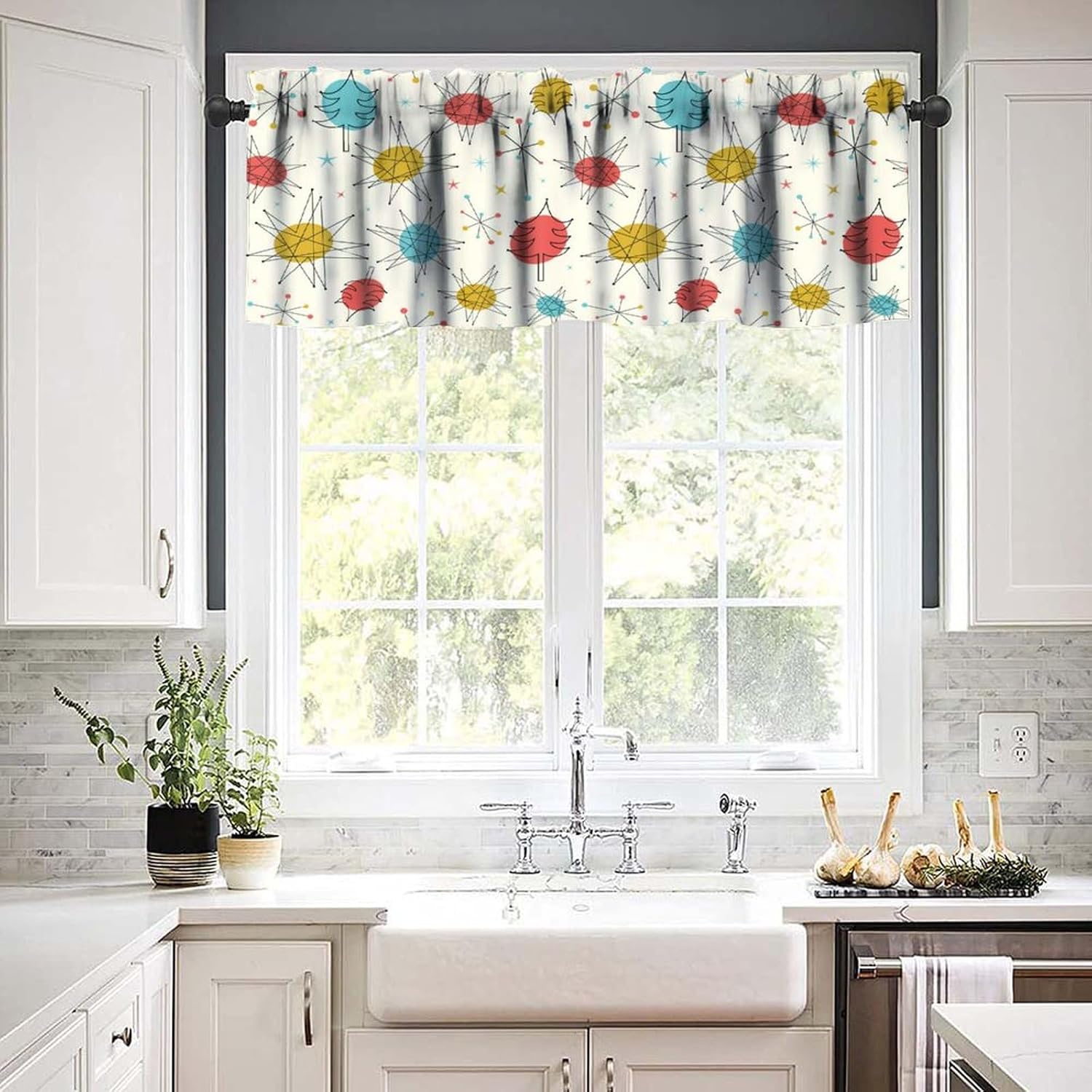 Modern Mid Century Valance Curtains,Abstract Geometric Art Colorful Window Valance for Living Room Bedroom Kitchen Bathroom 1 Panels W54xL18in