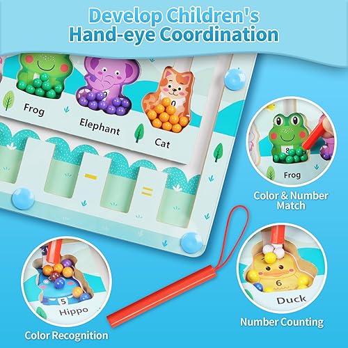 Miniatura 4 de QZMTOY Laberinto magnético de color y números, tablero magnético de madera de animales Montessori, actividades para niños pequeños, juegos de