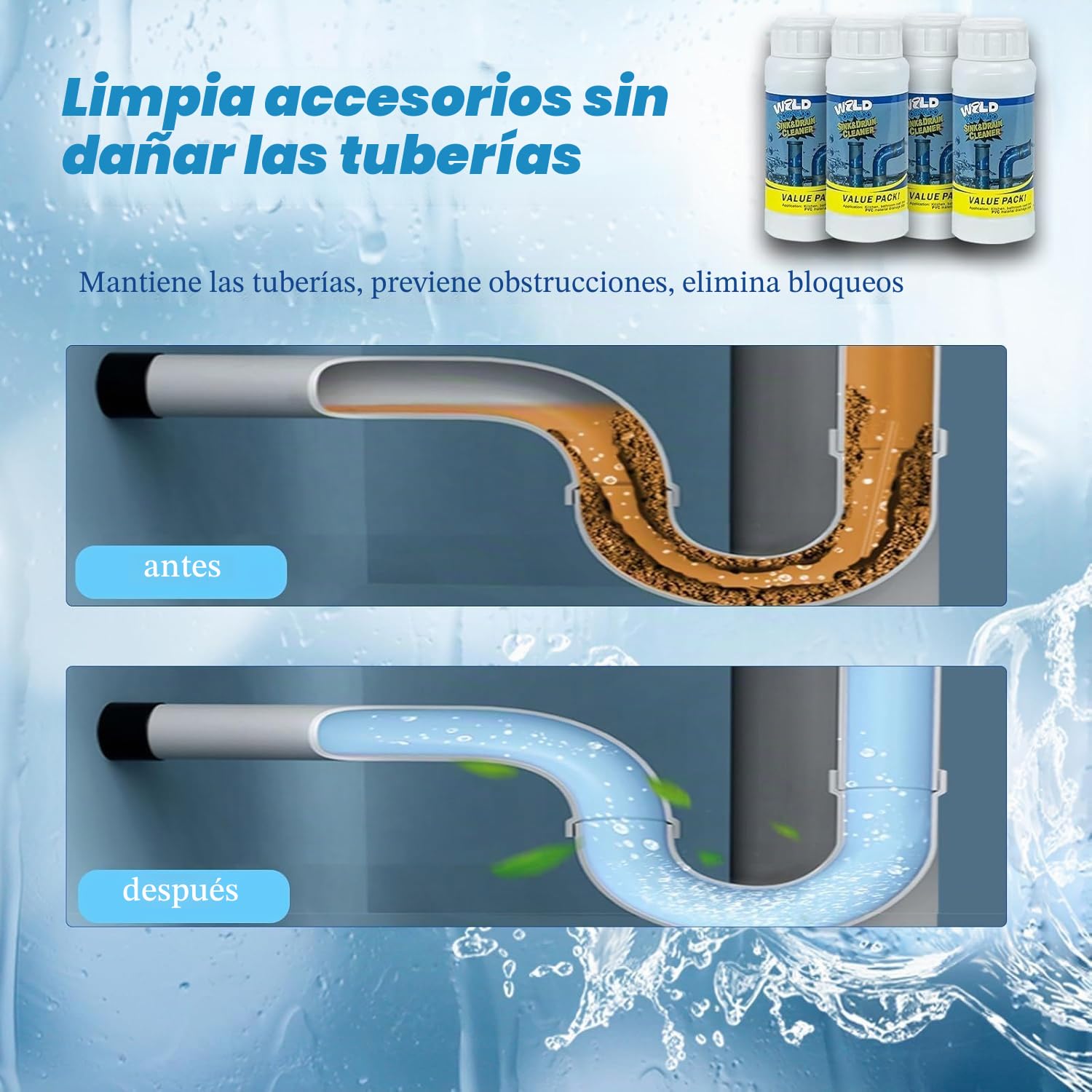 Powerful Sink & Drain Cleaner, Wild Sink & Drain Cleaner, Limpiador de Fregadero y Drenaje, Pipeline Dredging Agent, Limpiador Tuberias, Desatascador Fregadero Wild (3 Botella)