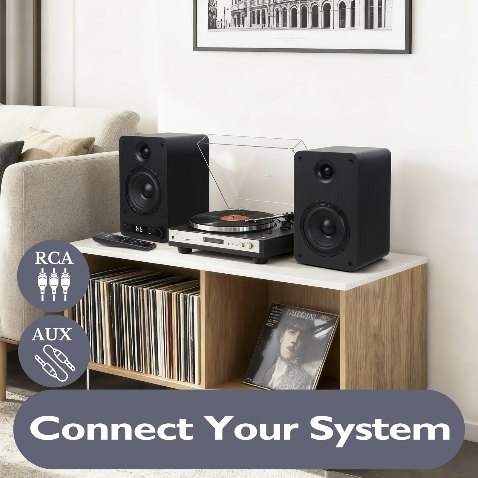 LEMEGA Core X1 Aktivlautsprecher - 40W Stereo Regallautsprecher, HDMI ARC Fuer TV, Bluetooth Streaming, Optisch, Cinch, AUX & USB, dimmbares LED-Display, Bass & Klangregler, Fernbedienung inklusive