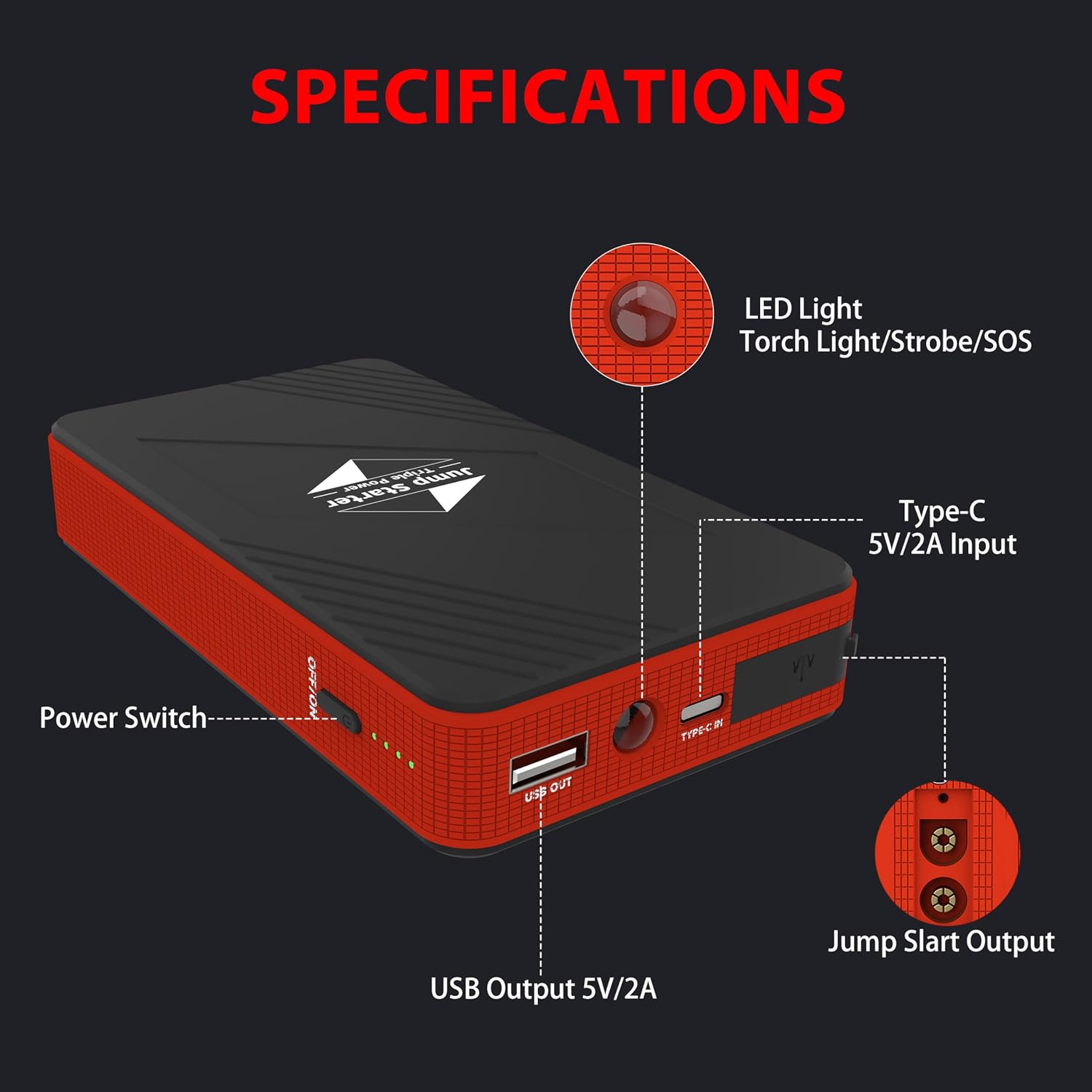 Car Battery Jump Starter, 1000A Peak Car Jumper Starter Battery Pack for Up to 6.0L Gas & 3.0L Diesel Engines, 12V Portable Jump Box with 3 Modes Flashlight and Jumper Cable
