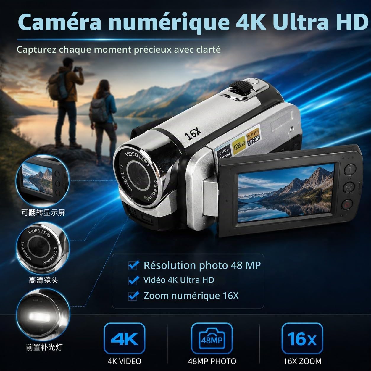 Appareil Photo Compact, Appareil Photo Vintage, Caméra Vidéo, Appareil Photo Numérique 1080P 16MP, Caméscope à écran Rotatif de 2,4 Pouces, Zoom 16X, Enregistreur Vidéo HD avec