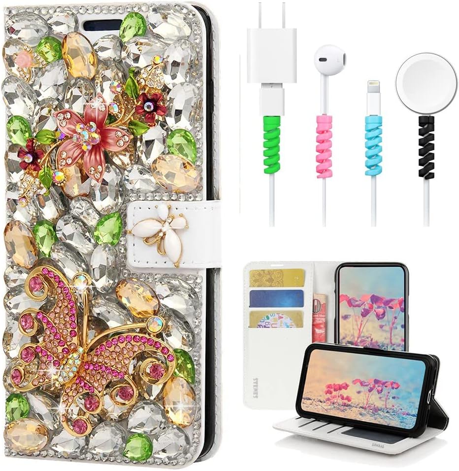 STENES Bling Wallet Phone Case Compatible with LG K92 5G Case - Stylish - 3D Handmade Crystal Flower Floral Butterfly Magnetic Wallet Leather Cover with Cable Protector [4 Pack] - Green