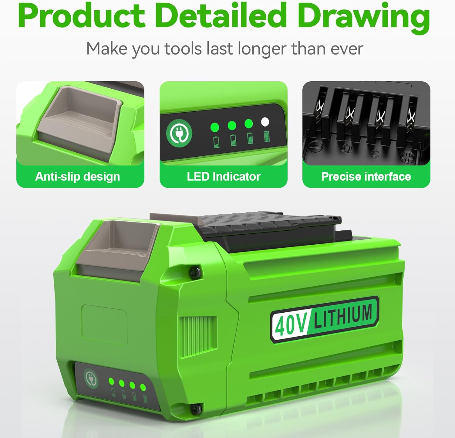 29472 40V 6.0Ah Battery Replacement for GreenWorks 40V Battery 29472 29462 29252 20202 22262 25312 25322 20642 22272 27062 21242 G-Max Cordless Power Tools