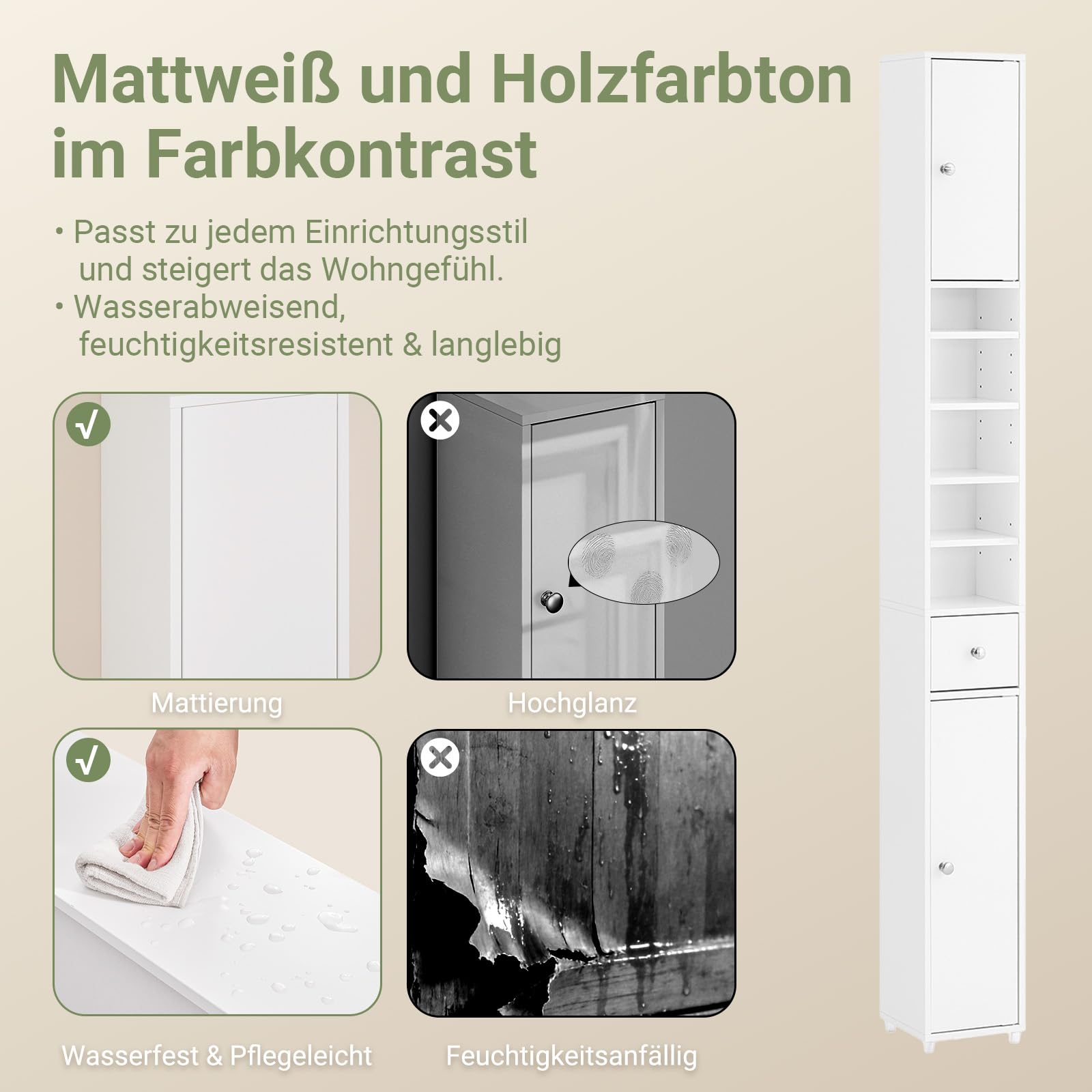 SoBuy Badezimmerschrank Hochschrank Schmal Badschrank für kleine Bäder mit verstellbaren Einlegeböden Platzsparender Badezimmer Schrank für Waschbecken, WC, Waschmaschine, 20x20x180cm Weiß BZR34-II-W