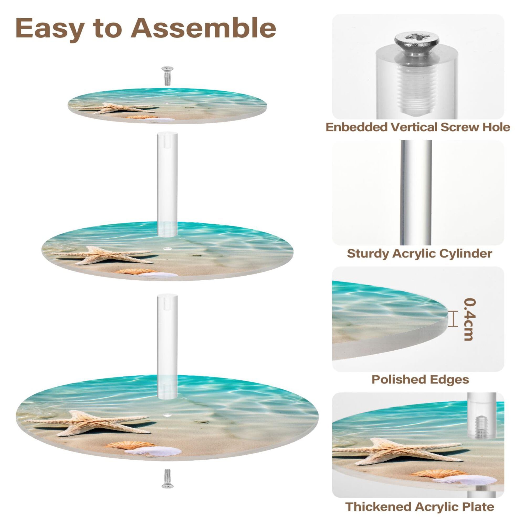 PYBUG Starfish Shell 3 Tier Acrylic Cupcake Stands Tower,Dessert Table Display Set for Tea Party,Wedding,Birthday, Baby Shower