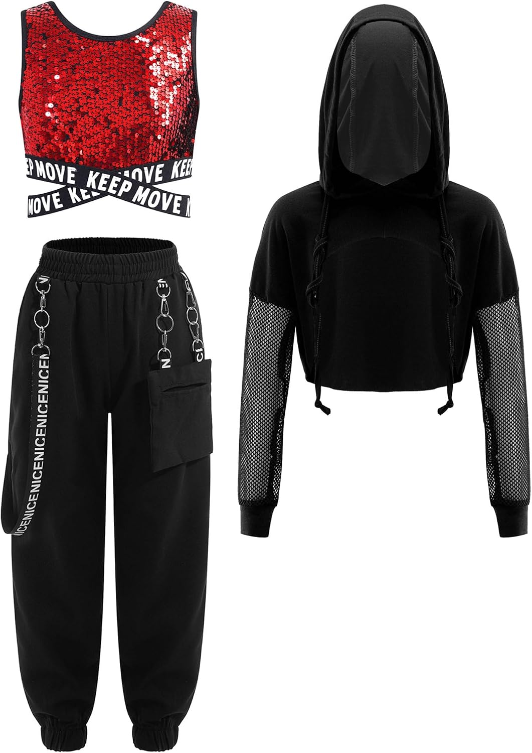 iiniim Kids Girls 3 Piece Tracksuit Shiny Crop Tops Hoodie and Jogger Pants Set Hip Hop Modern Jazz Street Dancewear Red&Black 10 Years