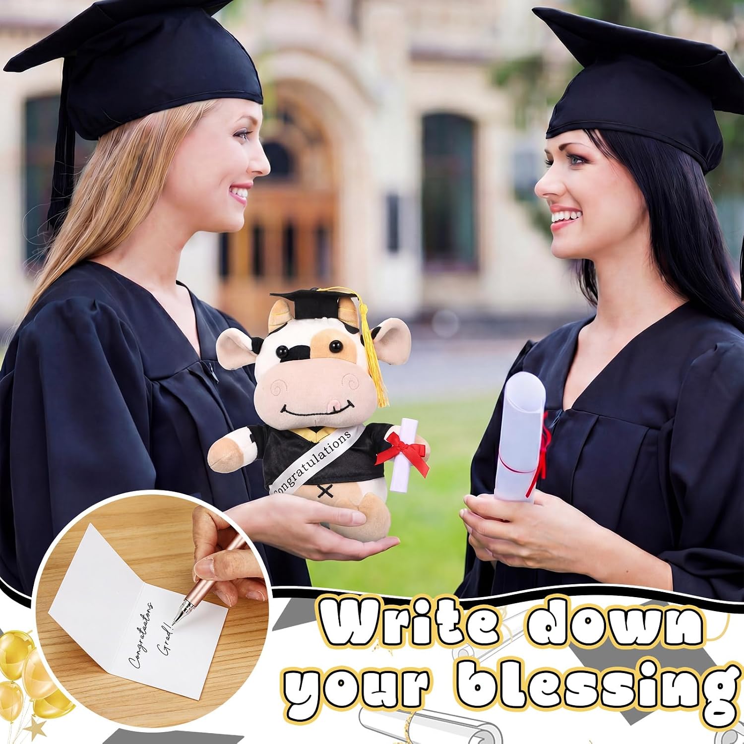 Hollowfly Graduation Cow Gifts Set Include Graduation Cow of 2026 Stuffed Animal with Cap and Gown, Artificial Flower, Graduate Gift Box with Window and Greeting Card for Him or Her(Black, Gold)