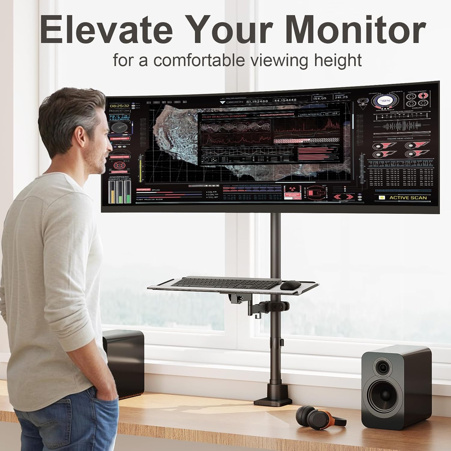 Monitor-Arm Ultrawide Heavy Duty 24-57'' - Extra Tall Aluminum Single Monitor Mount Holds up to 59.4lbs, Adjustable Desk Mount Stand, VESA 75/100 mm, Black