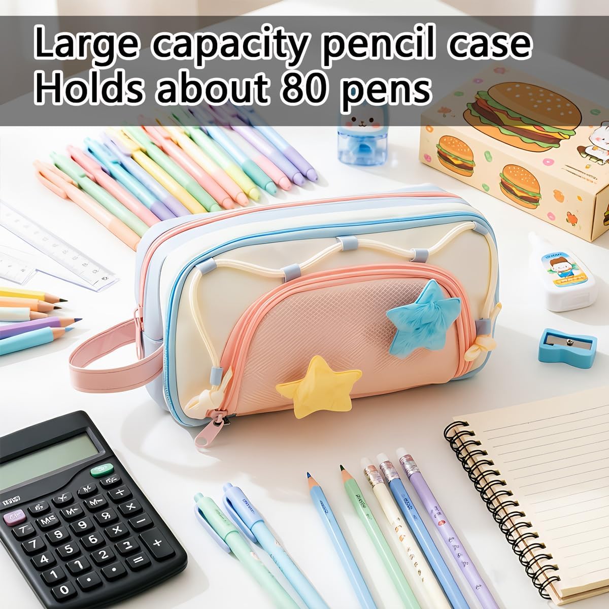 Portable Multi-Layer Pencil Case ，Includes 4 Pens & 1 Sticky Notes Pad | 7-Layer Large Capacity, Includes 4 Pens & 1 Sticky Notes Pad, Durable & Stylish, For Office or Travel