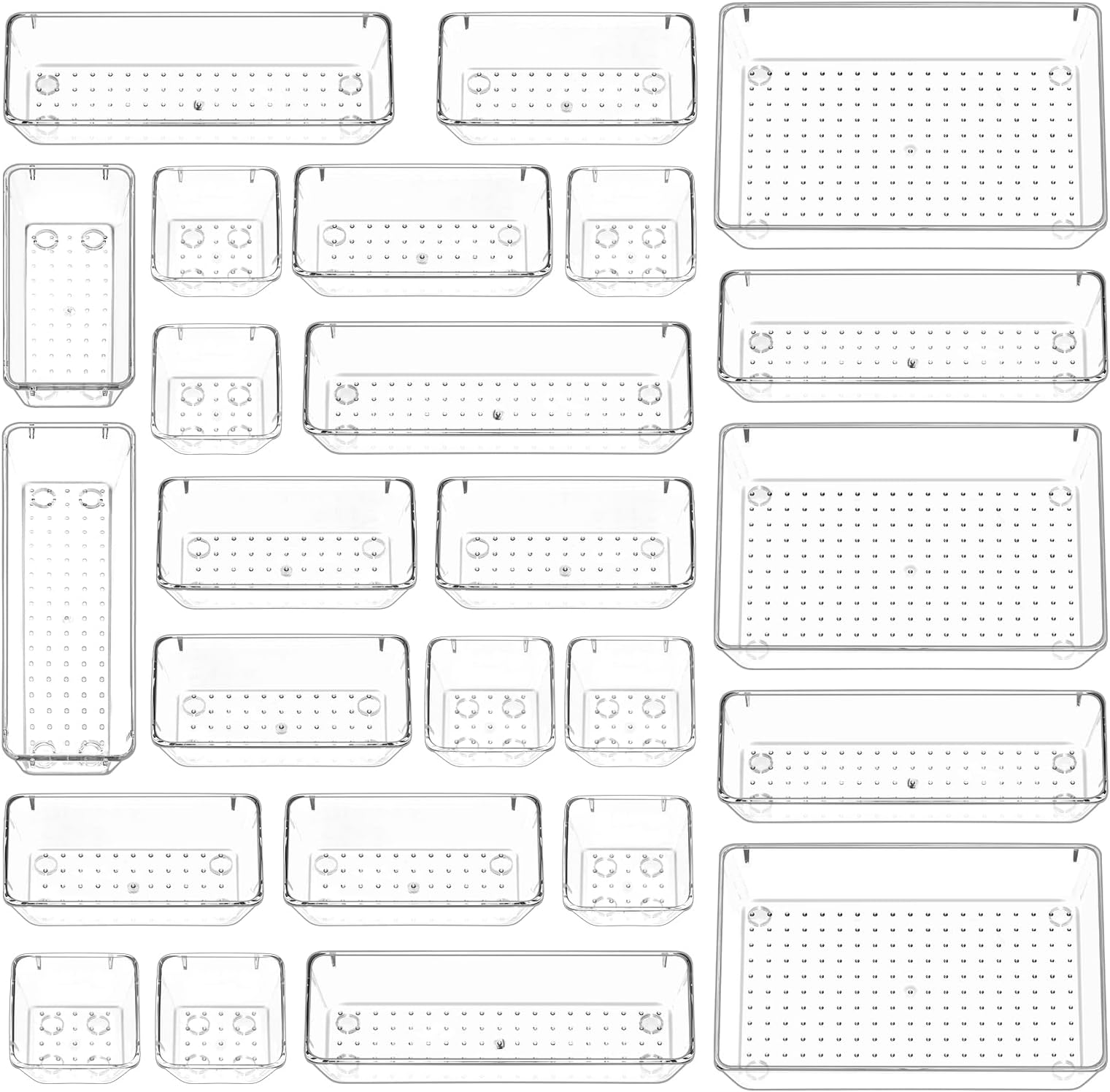 Puricon25 Pcs Clear Desk Drawer Organizers Set, 4-Size Plastic Bedroom Vanity Dresser Tray Acrylic Bathroom Storage Bins for Makeups Jewelries Kitchen Utensils Gadgets Office Accessories -Clear