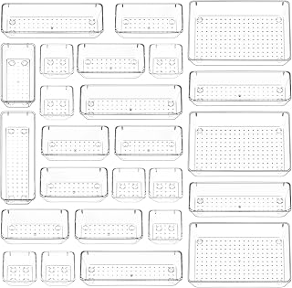 Puricon 25 Set Drawer Organiser Trays, Clear Plastic Trays Containers Drawer Organisation Storage for Dressing Table Make Up Desk Drawer Cupboards in Bedroom Bathroom Kitchen Office[Tray Depth 5.6cm]