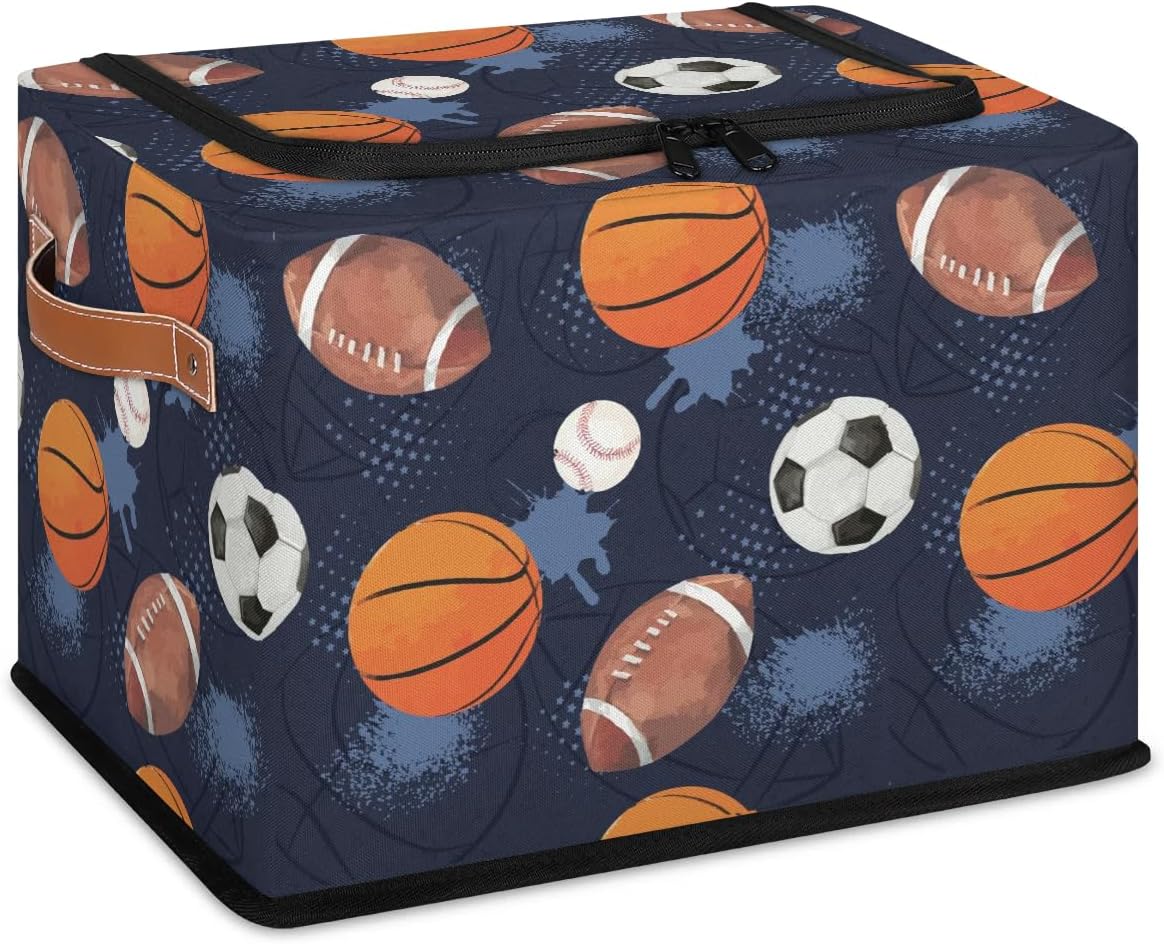 Large Toy Box Collapsible Storage Bins with Lids Closet Storage Baskets for Organizing Shelves Nursery Toy Storage Organizer Boxes for Kids, Boys, Girls (Navy Blue Sport Basketball Soccer)