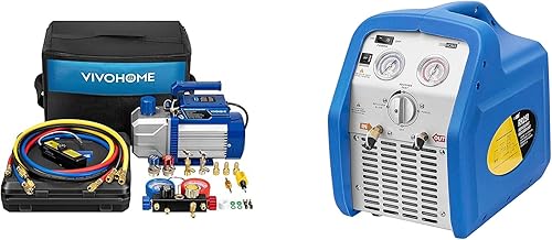 VIVOHOME 110V 12 HP 5CFM Bomba de vacío HVAC de 2 etapas y 4 vías AC Manifold Gauge Set Kit 110-120V AC 60Hz 34HP Máquina portátil de recuperación