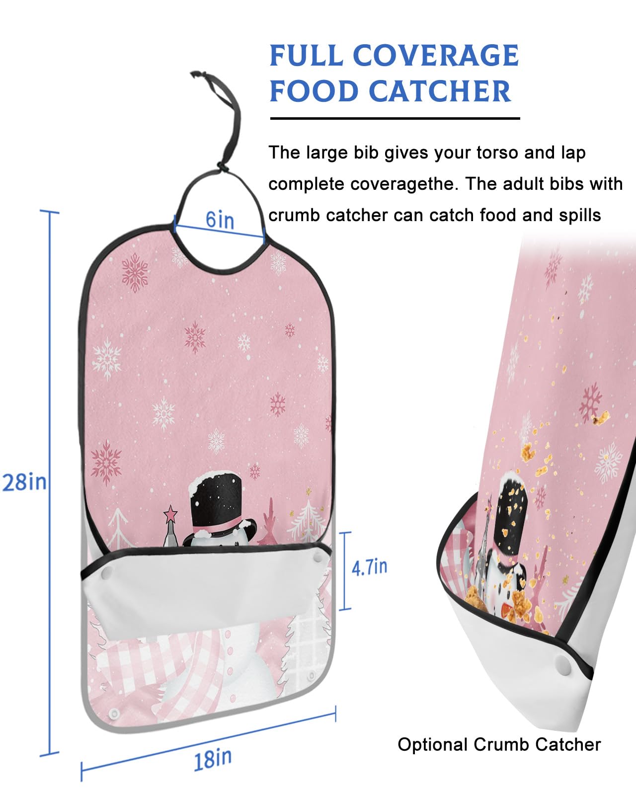 LEOKOTI Pink Snowman Christmas Adult Bibs for Eating, Waterproof Bibs with Food Catcher & Snap Closure, Winter Snowflake Xmas Tree Pink Grey Plaid Clothing Protectors Adult Bibs for Elderly Women/Men