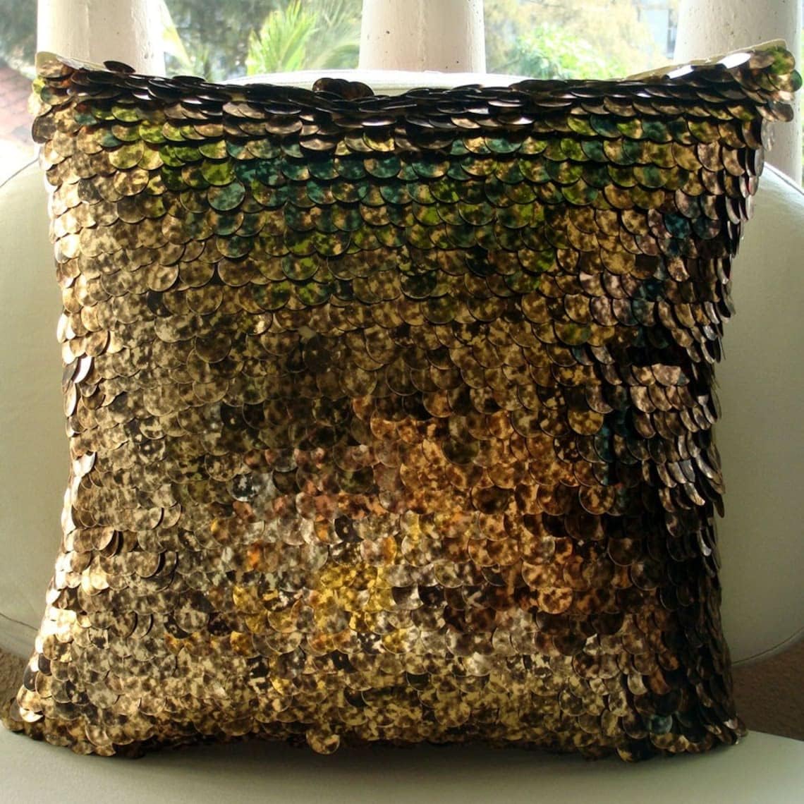 The HomeCentric Pillow Covers, Gold Decorative Accent Throw Pillows 16x16 inch (40x40 cm) Silk Throw Pillows for Couch, Circles & Dots, Mermaid, Sequins Embellished - Exotic Gold N Black Scales