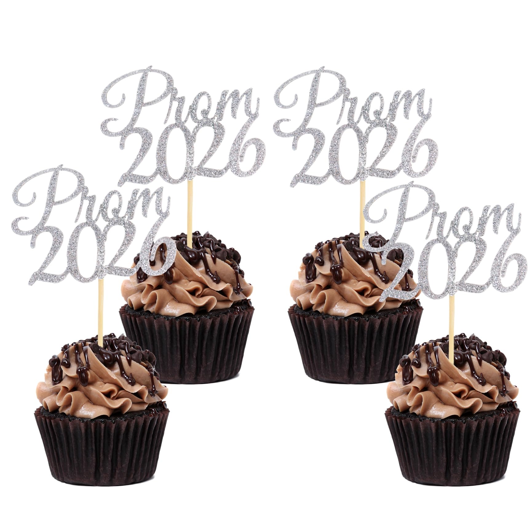 24Pack Prom 2026 Cupcake Toppers, Glitter Silver Graduation Cupcake Picks Congrats 2026 Graduation Class of 2026 Cake Decoration Prom Night Party Supplies