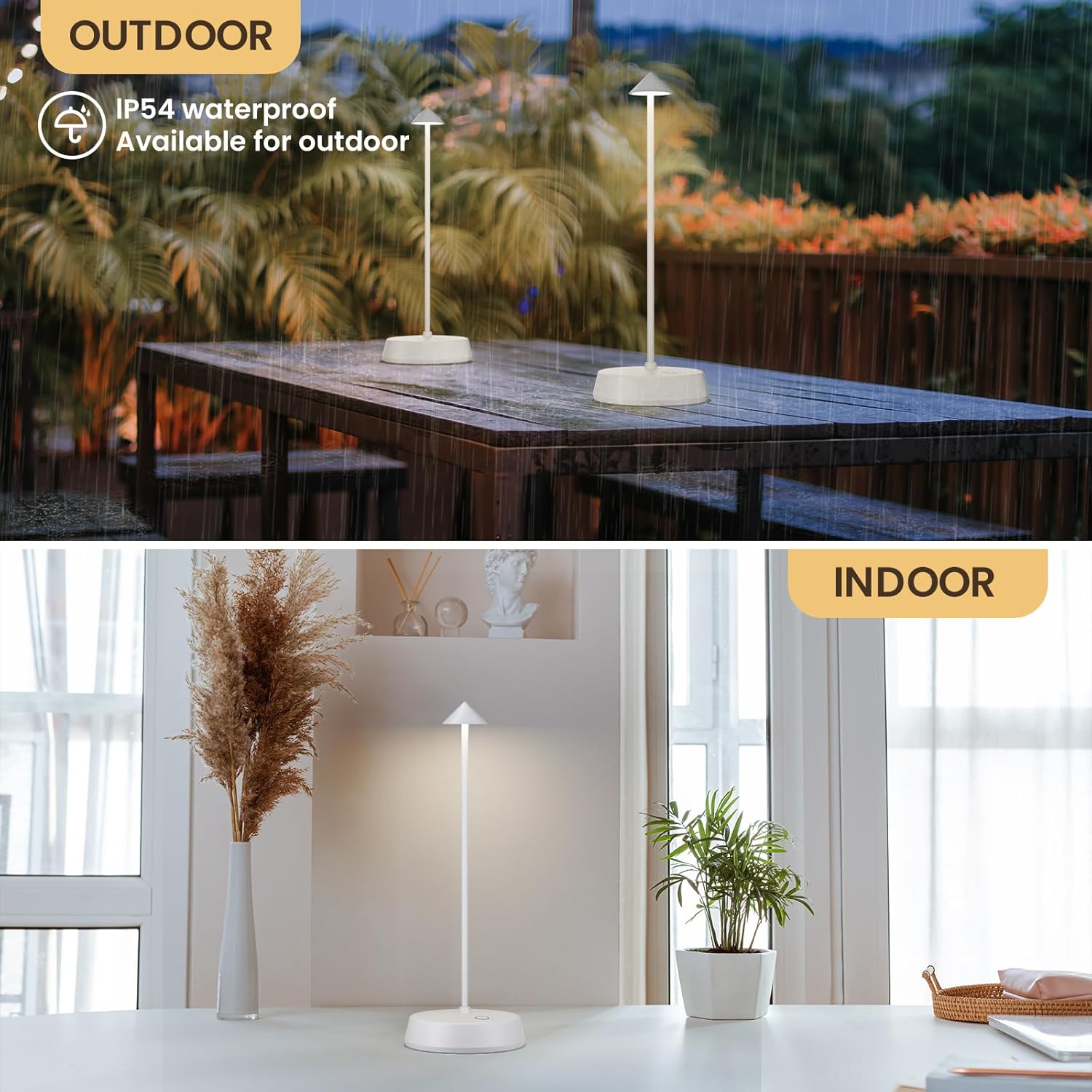 Cordless Table Lamps Rechargeable, 6000mAh LED Battery Operated Desk Lamp, Portable Outdoor Waterproof Touch Stepless Dimmable Wireless Table Light for Dining Restaurant Home Patio (White-1PC)