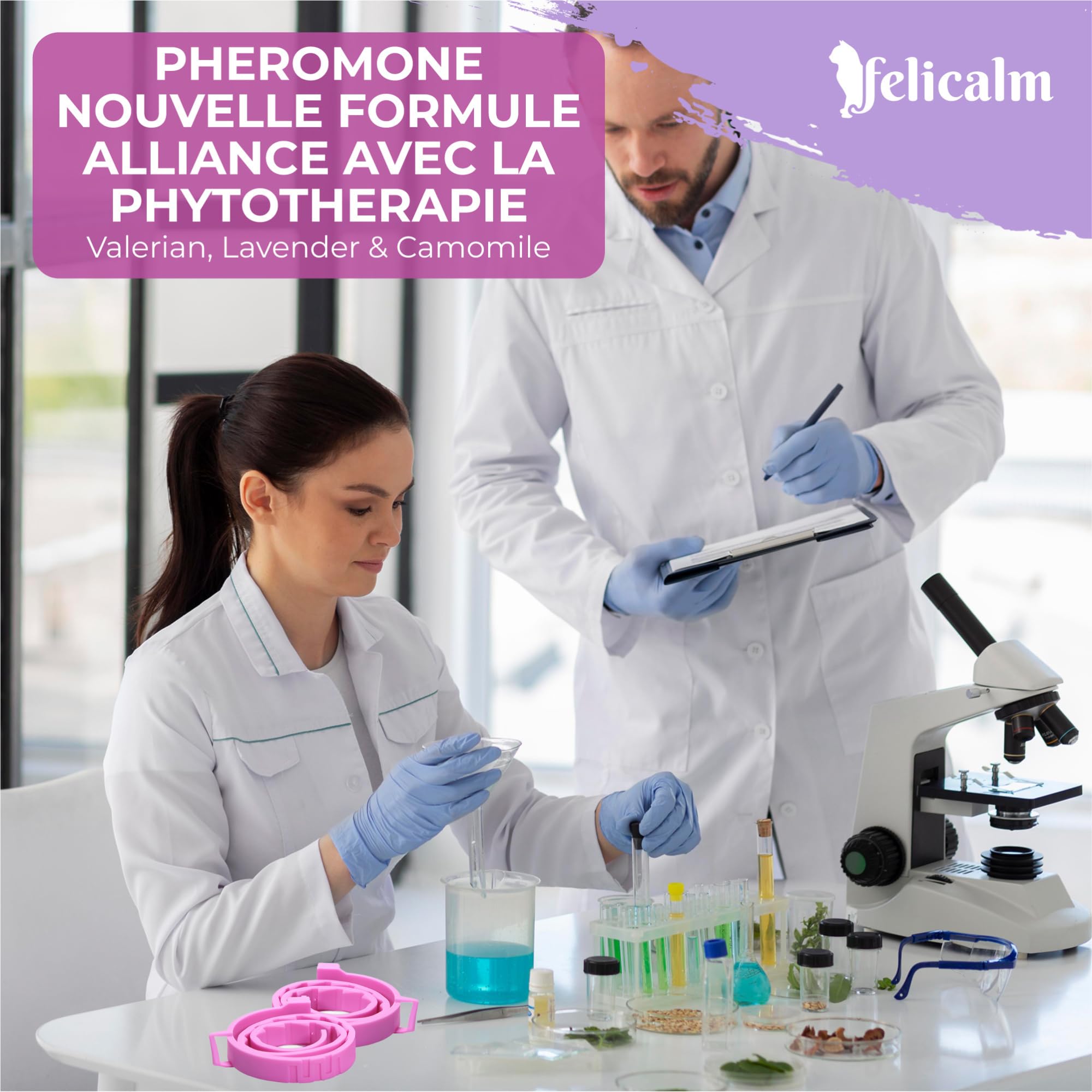 Félicalm Paris/Colliers à la VALERIANE+ PHEROMONE/Anti-Stress pour Chat et Chaton/PHEROMONE féline+ VALERIANE +Camomille+Lavande/ 2 Colliers Actifs 60 Jours